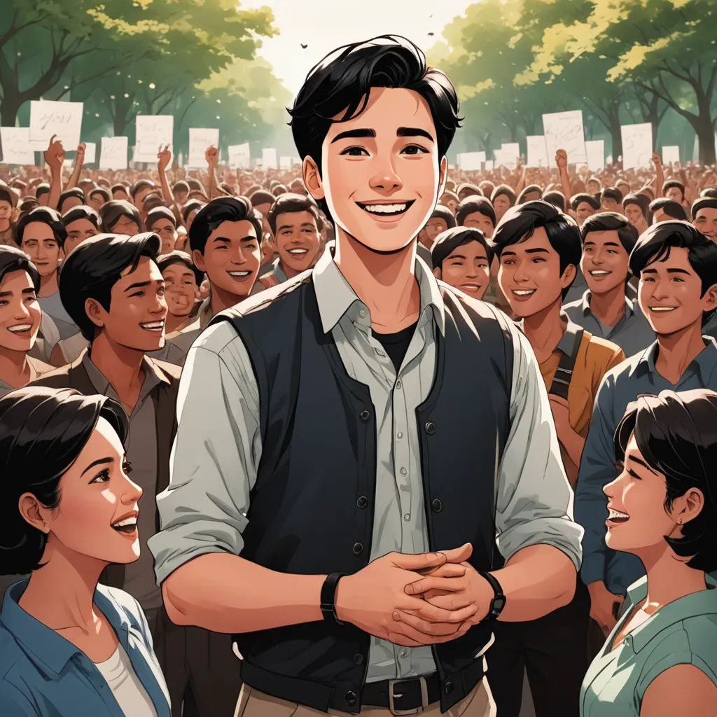 a man standing in front of a crowd of people with his hands together and smiling at the camera,, socialist realism, a comic book panel, David Park, graphic novel