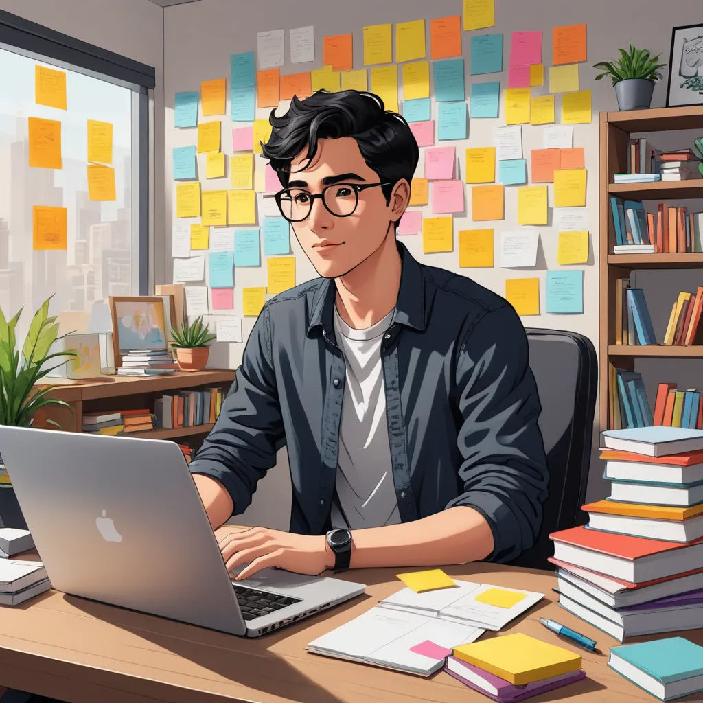 a man sitting at a desk with a laptop computer in front of him and a pile of books on the desk, serial art, a character portrait, Cedric Seaut (Keos Masons), official art