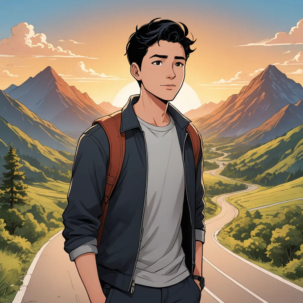 a man standing on a road with mountains in the background and a sunset in the background with clouds and sun, sots art, a character portrait, Cedric Seaut (Keos Masons), official art