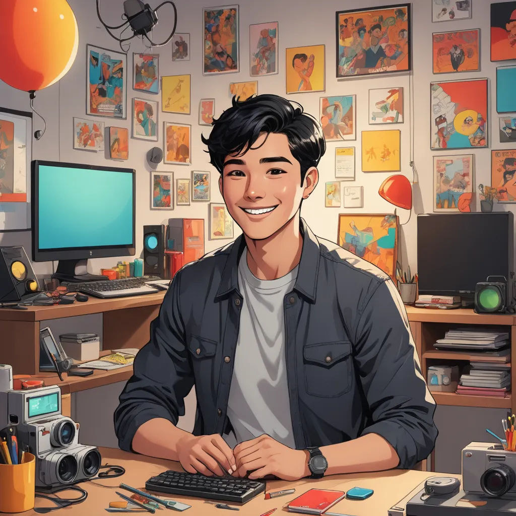 a man sitting at a desk with a computer and a camera in front of him and a bunch of pictures on the wall, sots art, a character portrait, David Park, rossdraws global illumination