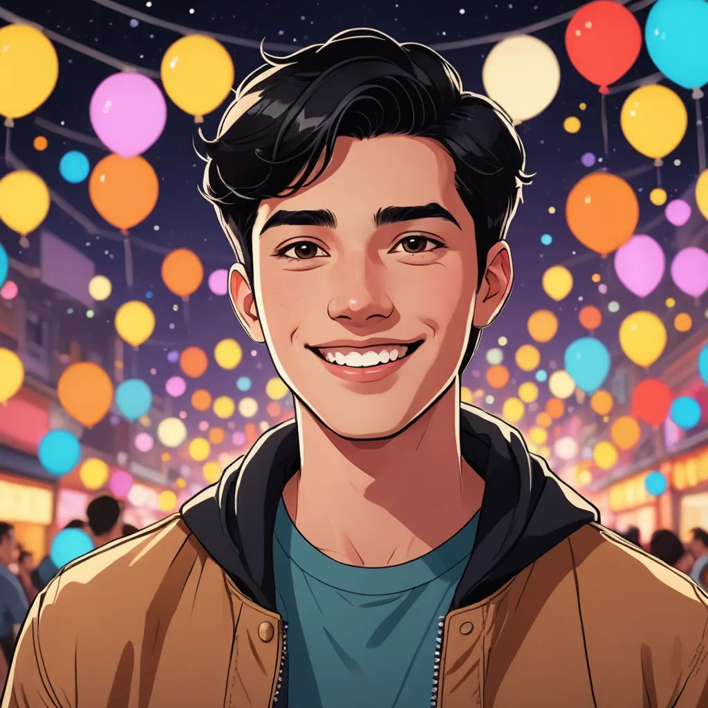 a man with a brown jacket and a bunch of balloons in the background, and a man in a blue shirt is smiling, sots art, a character portrait, David Park, rossdraws global illumination