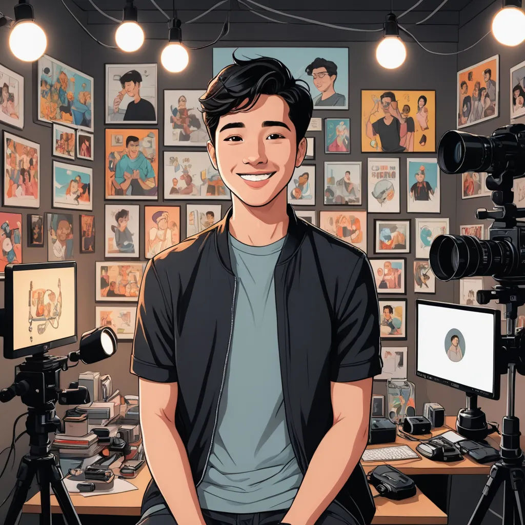 a man sitting in front of a desk with a camera and a tripod in front of him and a wall of pictures, sots art, a character portrait, Artgerm, rossdraws global illumination