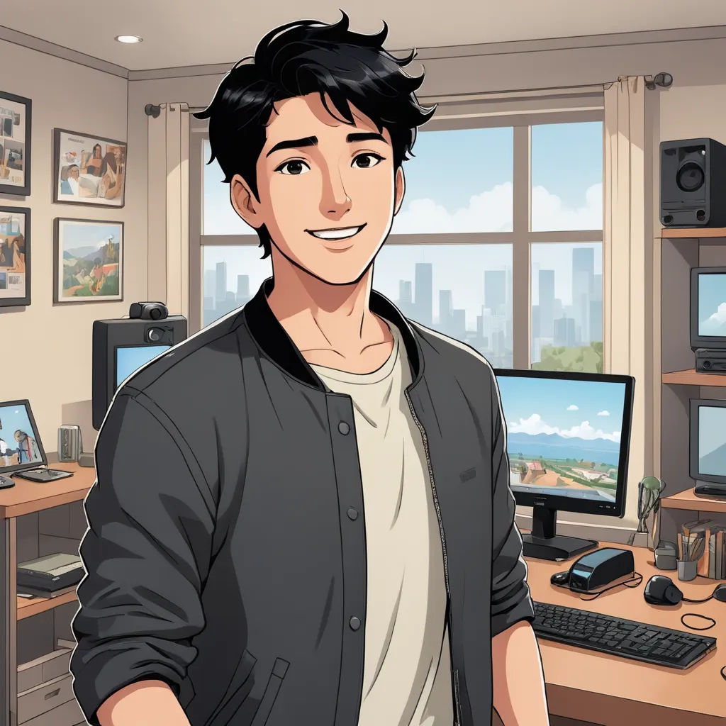 a man standing in front of a computer desk with a monitor and keyboard on it, and a phone in front of him, sots art, a character portrait, Cedric Seaut (Keos Masons), official art