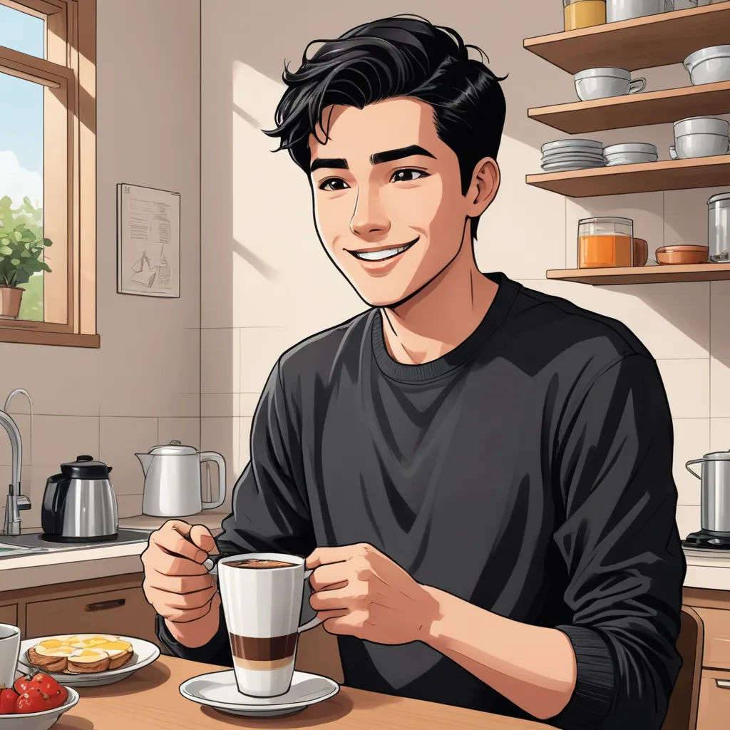a man sitting at a table with a cup of coffee and fruit on the table in front of him, sots art, a character portrait, Cedric Seaut (Keos Masons), character portrait
