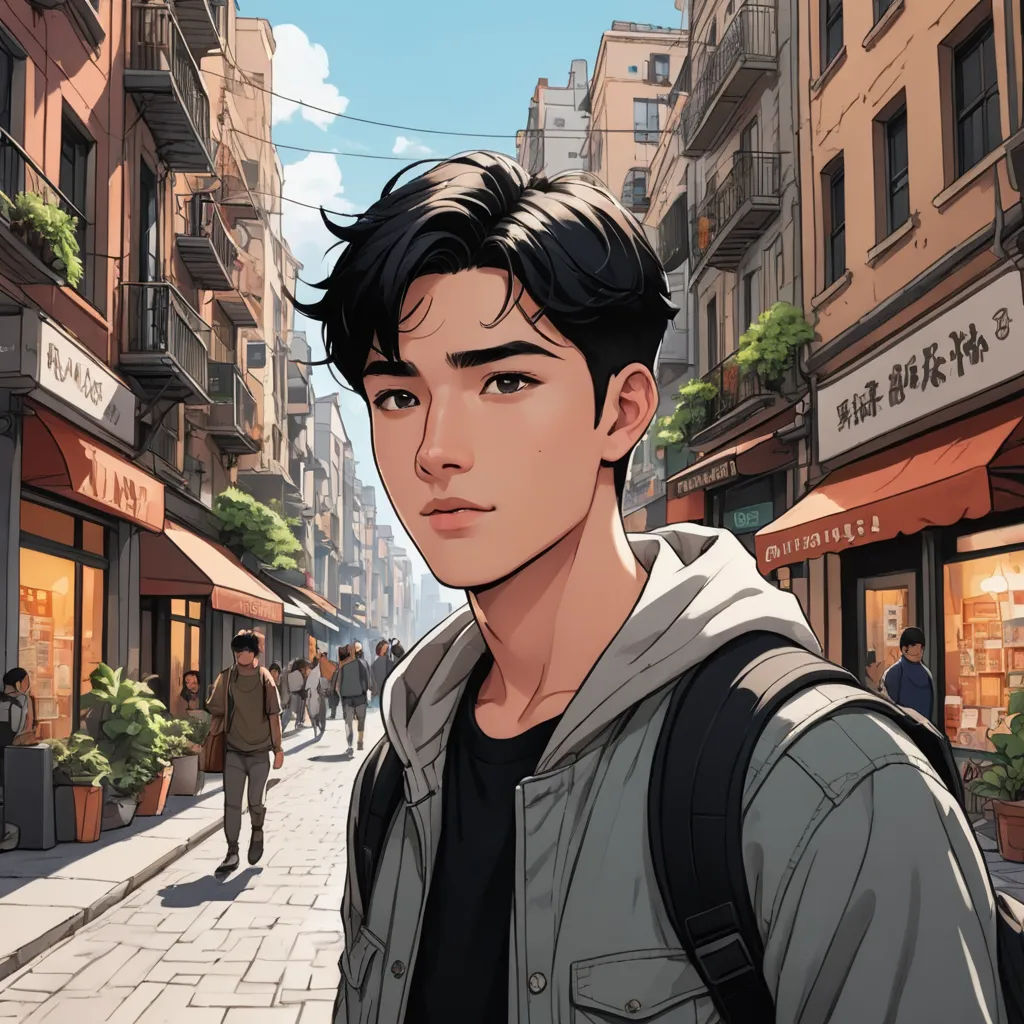 a man standing on a street next to a building with a backpack on his shoulder and a backpack on his shoulder, aestheticism, a comic book panel, David Park, kinkade
