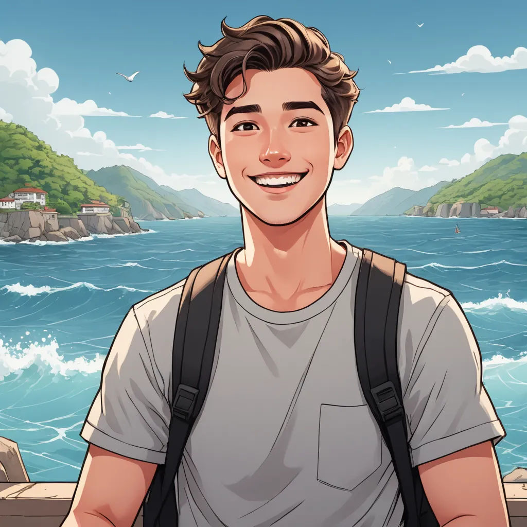 a man with a backpack standing in front of a body of water with a cliff in the background and a bird flying overhead, serial art, a character portrait, David Park, rossdraws global illumination