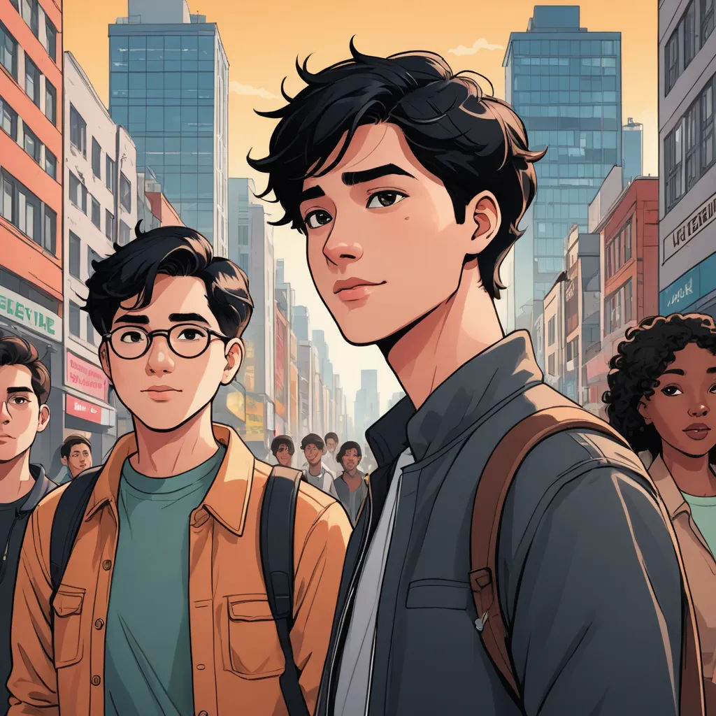 a group of people standing in a city street with tall buildings in the background and a man with a backpack on his shoulder, serial art, a comic book panel, David Park, comic cover art