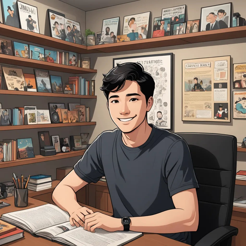 a man sitting at a desk with a book in front of him and a book shelf full of books, serial art, a character portrait, David Park, graphic novel