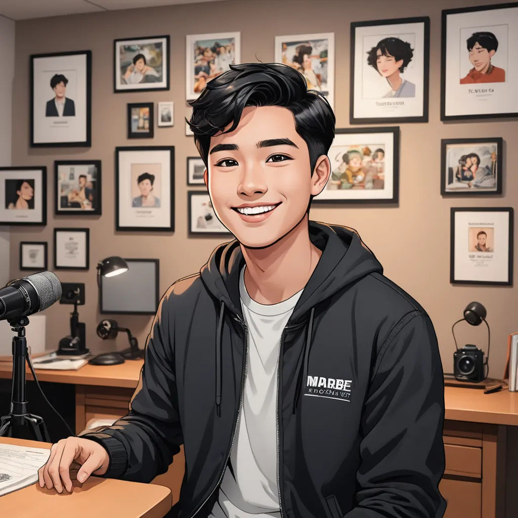 a cartoon of a man sitting at a desk with a computer and a microphone in front of him and a bunch of pictures on the wall, sots art, a comic book panel, David Park, studio portrait