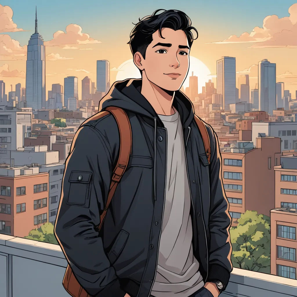 a man standing on a balcony with a city in the background and a sunset in the sky behind him, serial art, a comic book panel, Everett Warner, official art