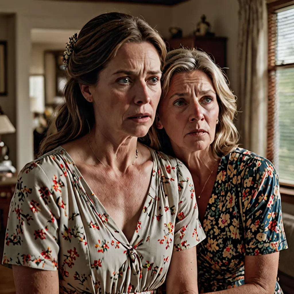 two women sitting next to each other in a living room with a window behind them and a table with a plate of food on it, serial art, a poster, Alison Debenham, promotional image