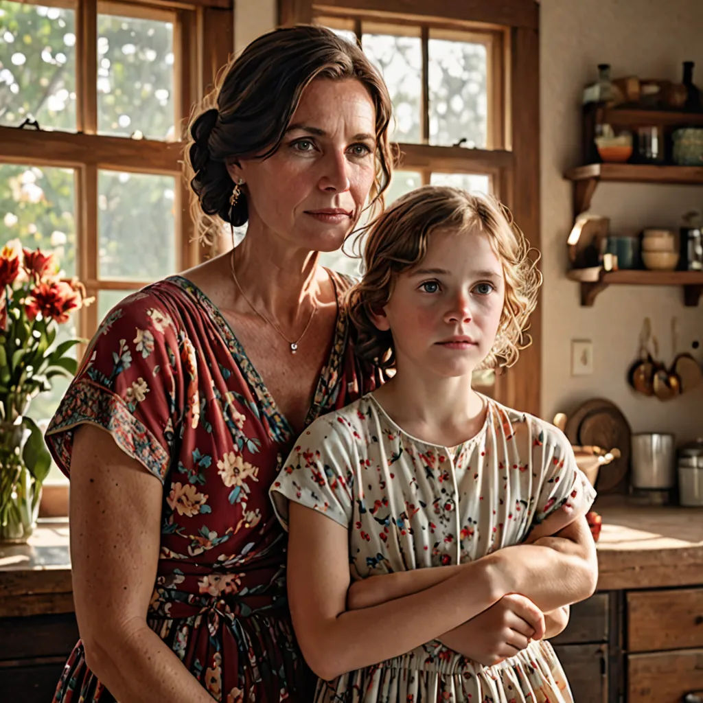 a woman and a girl standing in a kitchen together, with a vase of flowers in the background and a window behind them, arts and crafts movement, a poster, Anne Said, promotional image