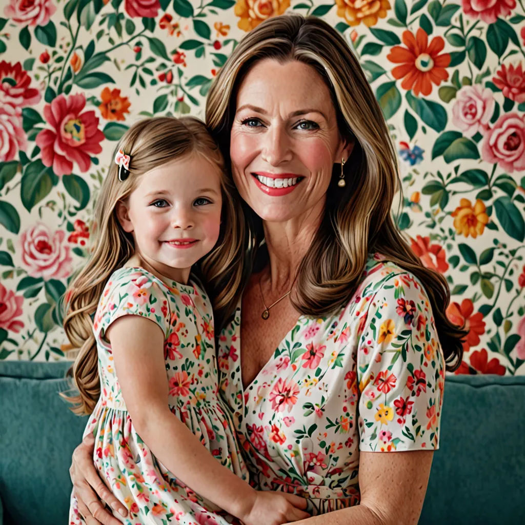 a woman and a little girl are posing for a picture together in front of a floral wallpapered wall, maximalism, a storybook illustration, Annabel Kidston, studio portrait