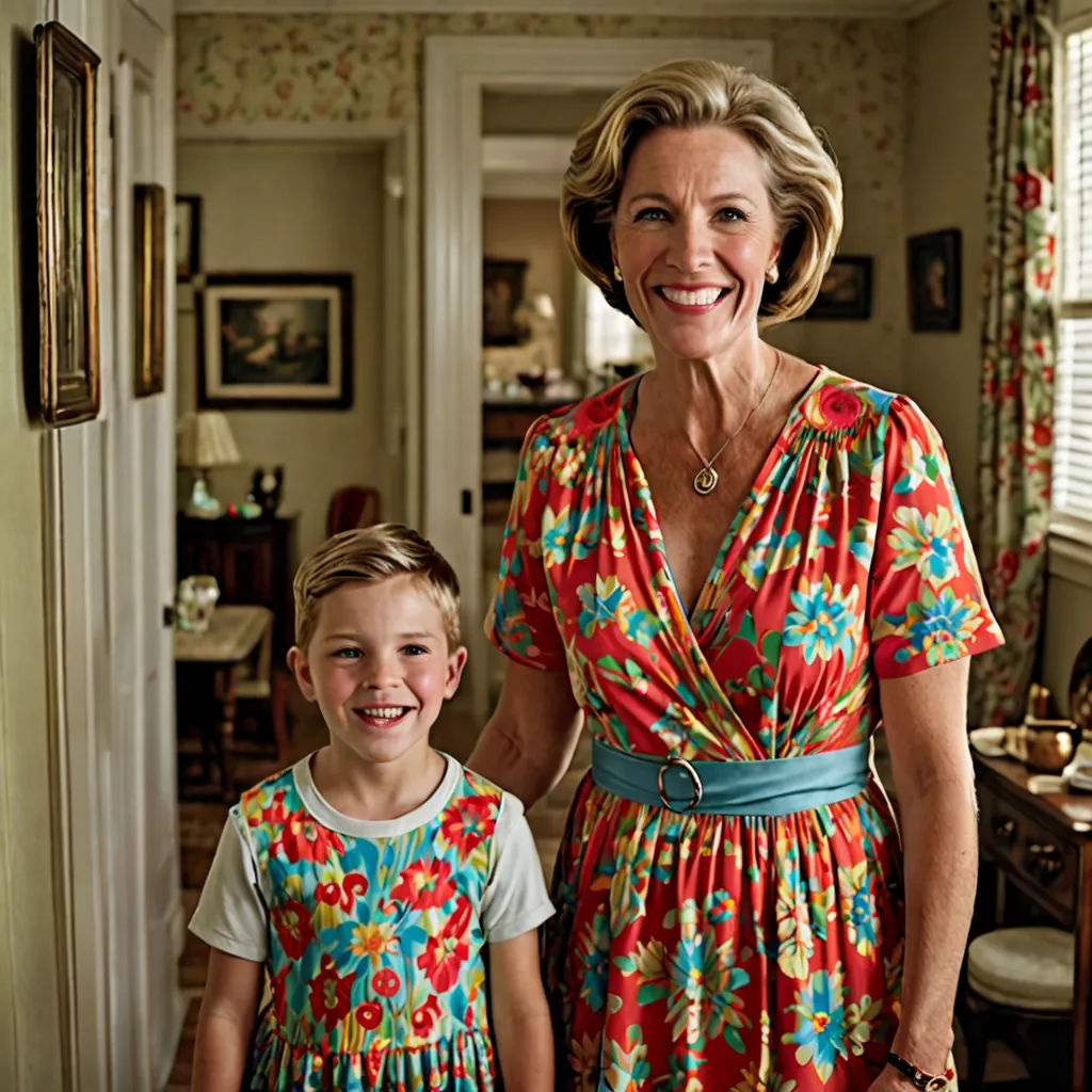 a woman and a child standing in a room together smiling for the camera with a window in the background, arts and crafts movement, a character portrait, Ammi Phillips, portrait photography