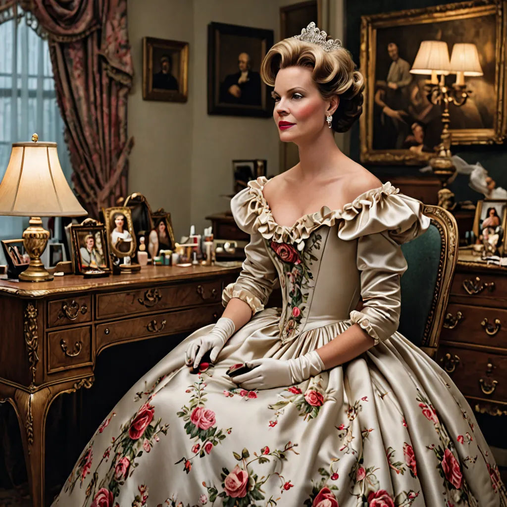 a woman in a dress sitting in a chair in a room with a desk and a lamp on it, rococo, a flemish Baroque, Annie Leibovitz, promotional image
