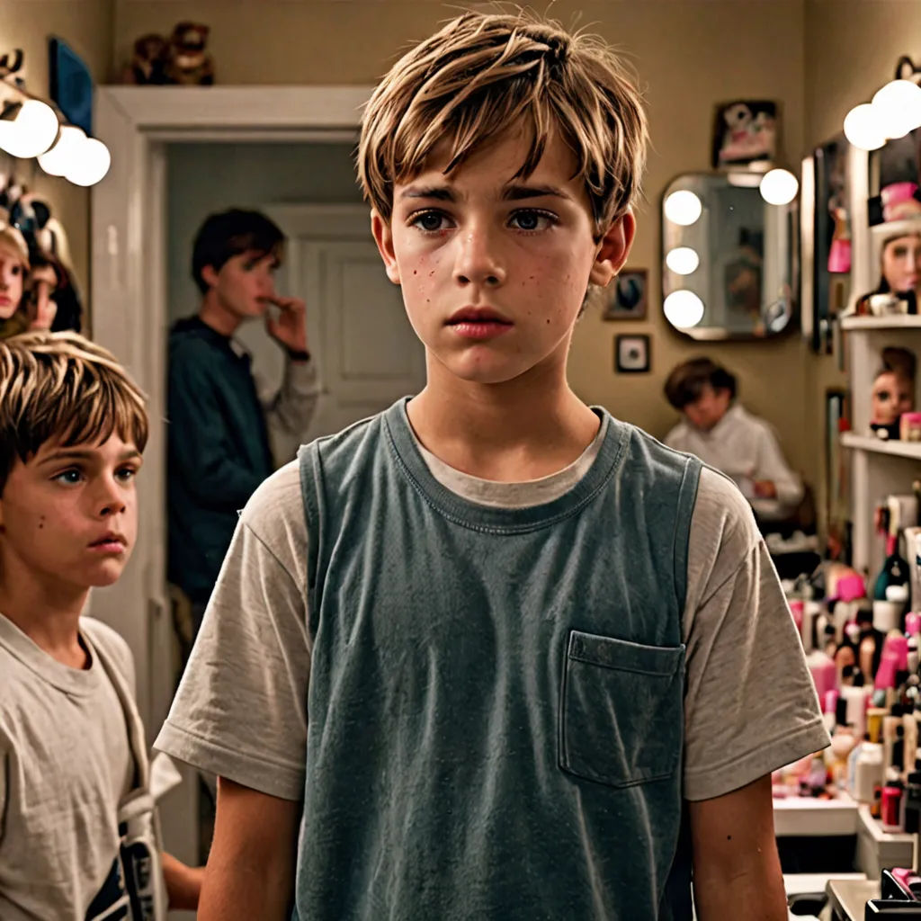 a boy and a boy are standing in a room with a mirror and a shelf of hair products and a woman is in the background, hyperrealism, a stock photo, Adam Rex, promotional image