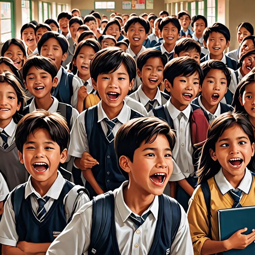 a group of children standing next to each other in a classroom with a book in their hands and smiling, vancouver school, a photorealistic painting, Choi Buk, highly detailed digital painting