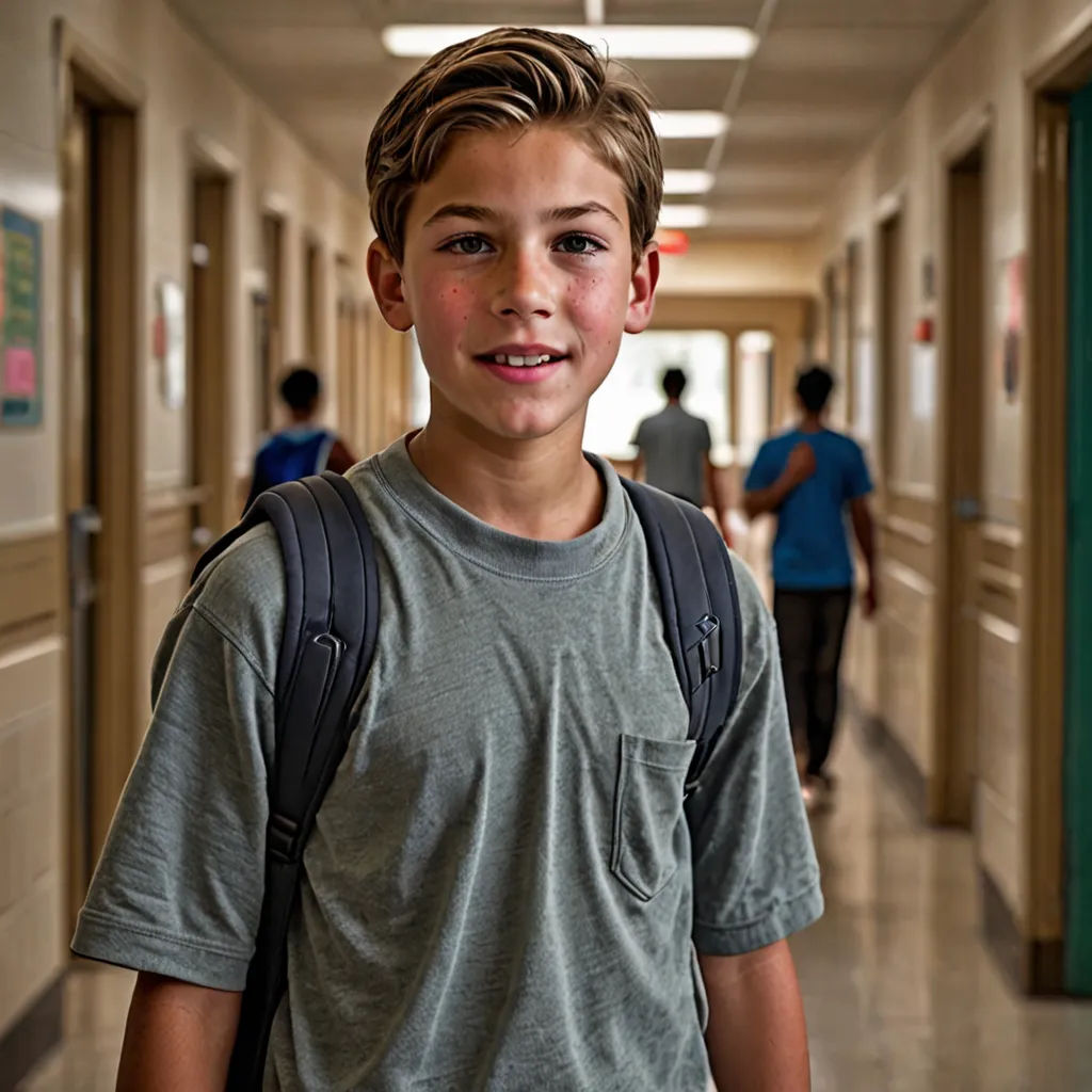 a young boy with a backpack standing in a hallway of a school building with people walking by him and a hallway of doors, vancouver school, a stock photo, Anthony Angarola, promotional image