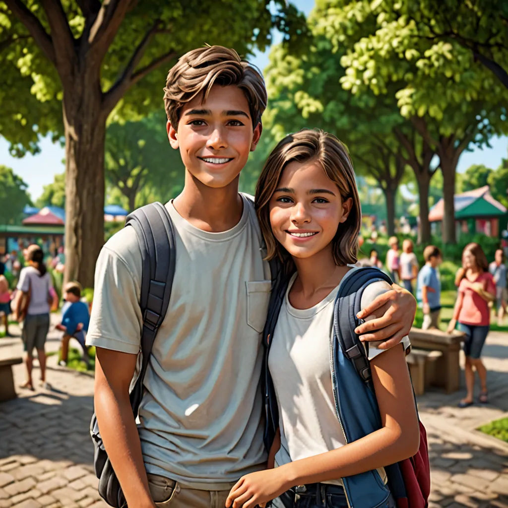 a boy and girl are standing together in a park with trees and people in the background, one is holding a backpack, photorealism, a stock photo, disney, promotional image