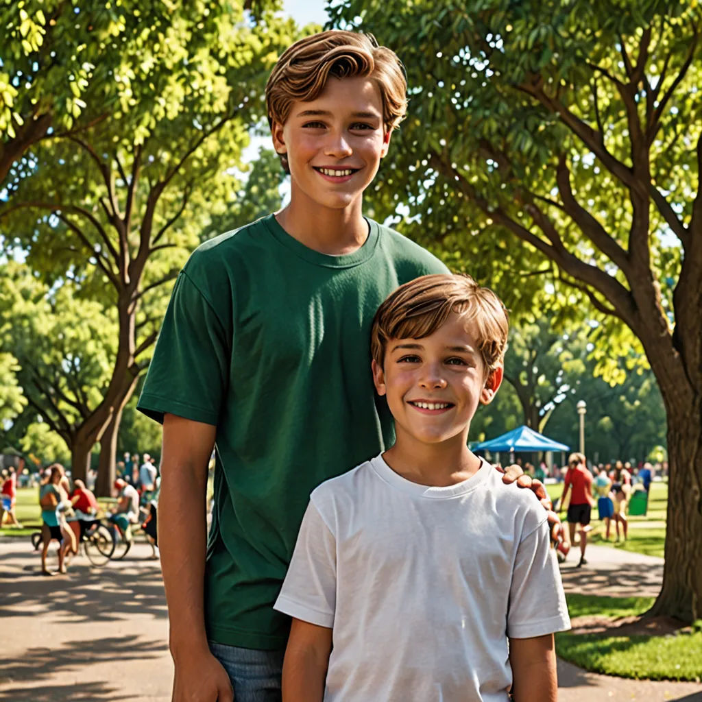 a boy and a boy standing next to each other in a park with a frisbee in his hand, antipodeans, a stock photo, Adam Dario Keel, promotional image