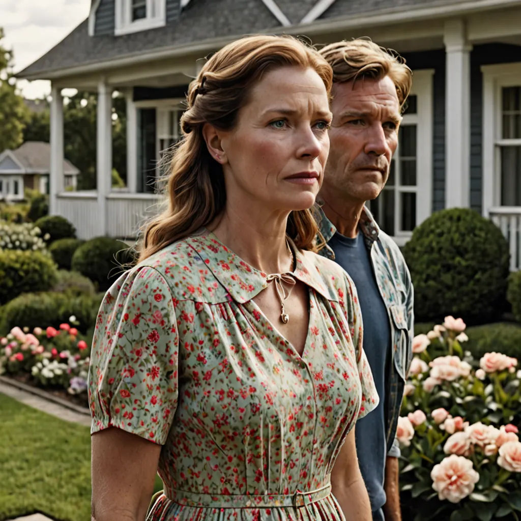 a man and a woman standing in front of a house with flowers in the front yard and a car parked in front of the house, american scene painting, a colorized photo, Elizabeth Forbes, promotional image