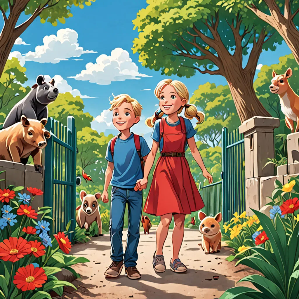 a boy and a girl are walking through a park with their dogs and cats on a sunny day with blue skies, Aaron Jasinski, lyco art, a storybook illustration, storybook illustration