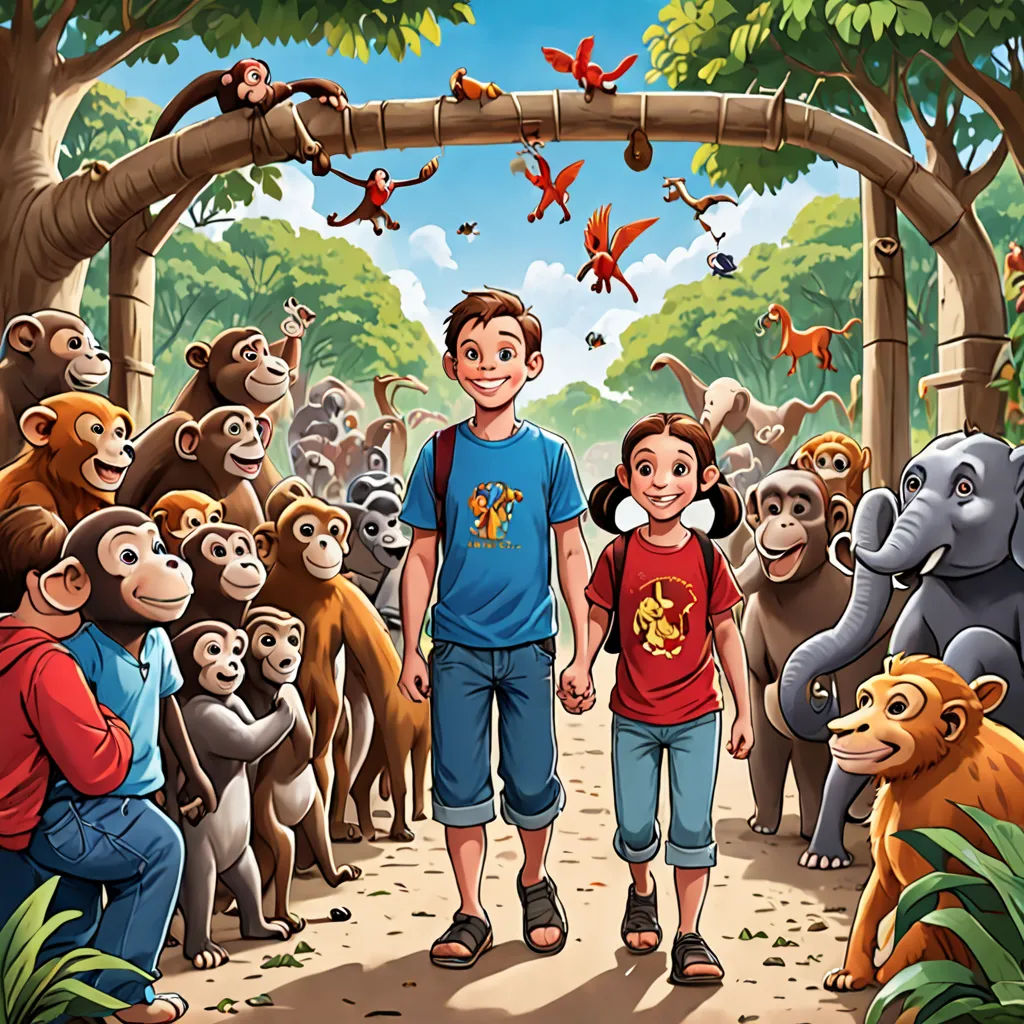 a boy and a girl are standing in front of a group of monkeys and monkeys in a jungle setting, Diego Gisbert Llorens, sumatraism, a storybook illustration, promotional image