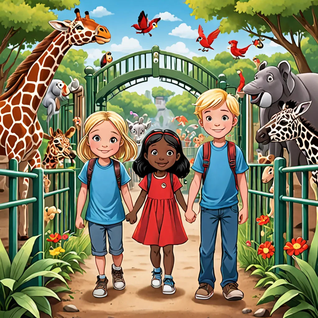 a group of children standing in front of a gate with giraffes and other animals in the background, Carol Sutton, paris school, a storybook illustration, promotional image