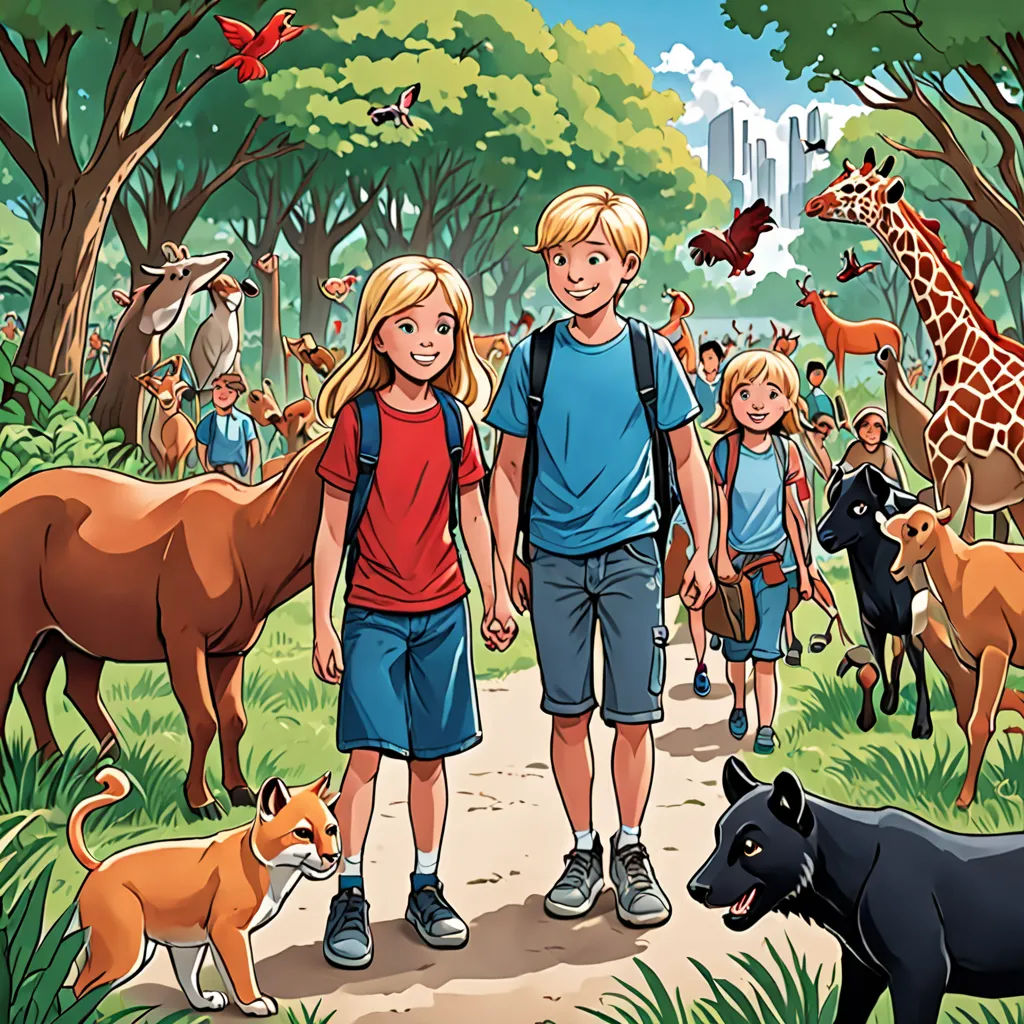 a group of children walking through a forest with animals around them and a giraffe in the background, Diego Gisbert Llorens, primitivism, a storybook illustration, promotional image