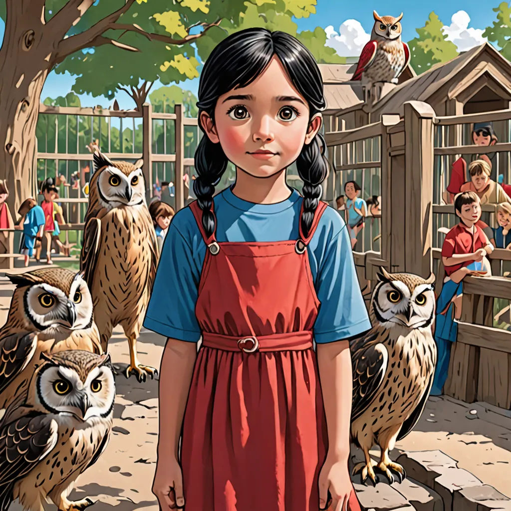 a girl in a red dress standing in front of owls in a zoo with a group of people behind her, Aaron Jasinski, magical realism, a storybook illustration, comic cover art