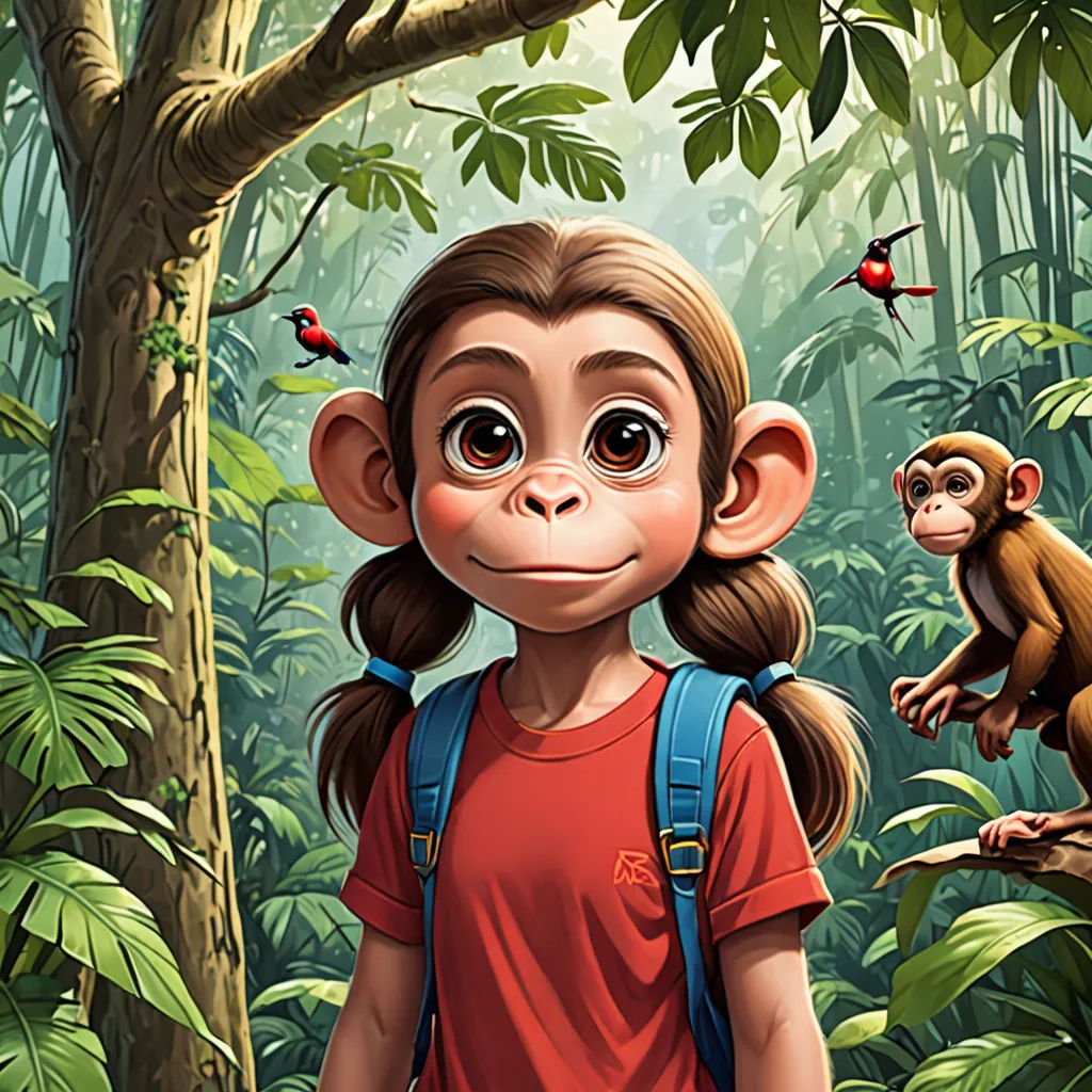 a girl with a backpack and monkey in the background in the jungle with trees and plants and birds flying around, Diego Gisbert Llorens, fantastic realism, a storybook illustration, cgstudio