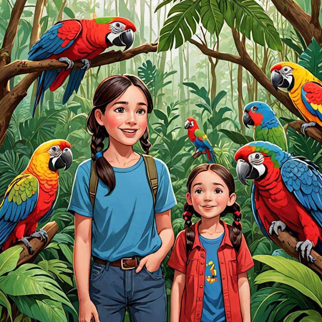 a girl and a girl standing in front of a group of parrots in a jungle with a woman standing next to her, Diego Gisbert Llorens, lyco art, a storybook illustration, official art