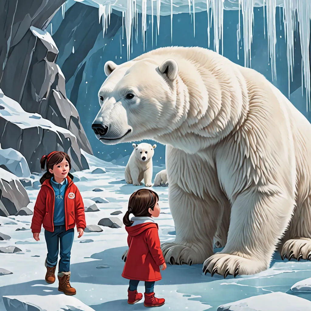 a painting of a polar bear and two children looking at it in a snowy area with ice and icicles, Diego Gisbert Llorens, environmental art, a storybook illustration, storybook illustration