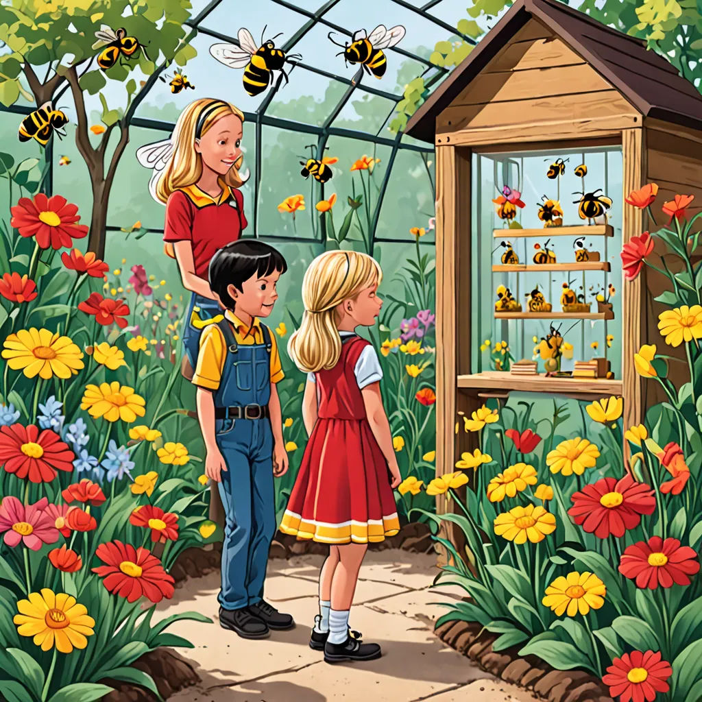 a painting of a couple of kids looking at a beehive in a garden with bees flying around, Carol Sutton, environmental art, a storybook illustration, promotional image