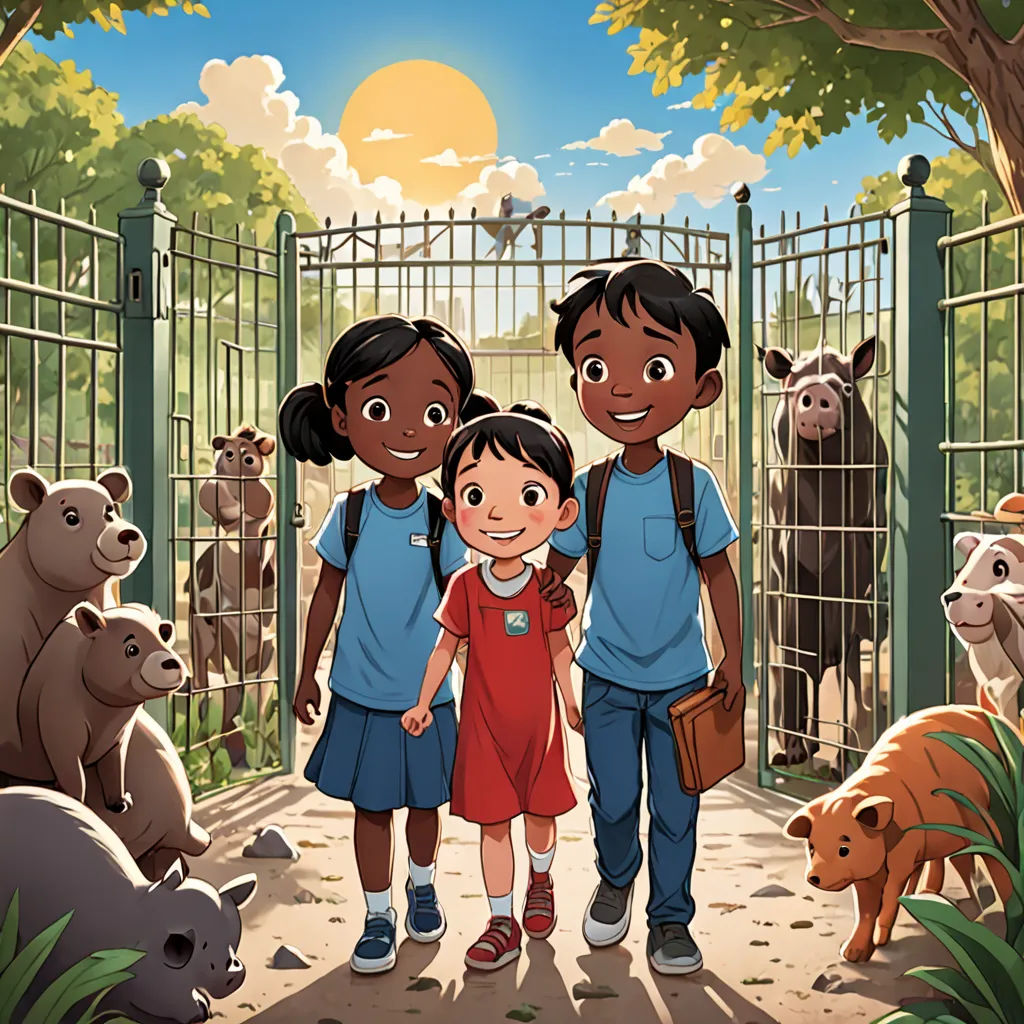 a couple of kids standing next to each other in front of a gate with animals behind them and a fence with a gated in area with a gate and a fence, Aaron Jasinski, private press, a storybook illustration, promotional image
