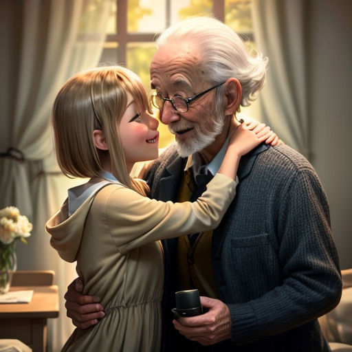 a painting of an older man and a young girl hugging each other in front of a window with a vase of flowers