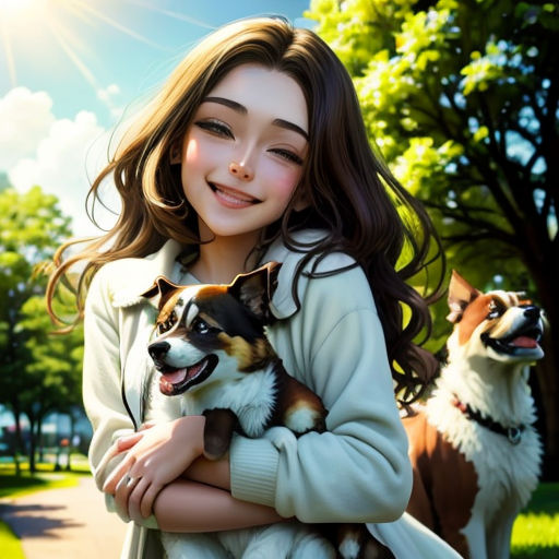 a woman holding a dog in her arms while standing in the grass with other dogs behind her on a sunny day