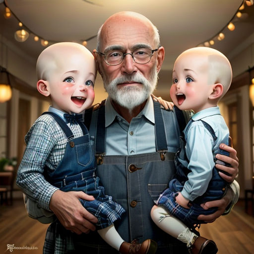 a man with two children and a balding man with glasses and a beard and a beard on his head