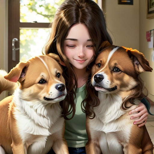 a woman sitting on a couch with two dogs in her lap and a dog in her lap looking at the camera