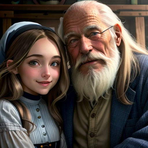 a painting of a man and a girl with long hair and a beard, both wearing glasses and a blue jacket