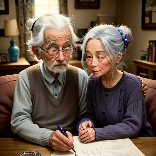 a painting of an elderly couple signing a document together at a table with a keychain and a pen