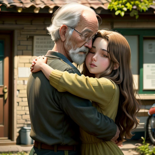 a man and a woman hugging each other in front of a building with a motorcycle parked in front of it