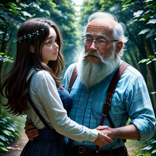 a girl and an old man standing in the woods together, with a forest background and trees in the background