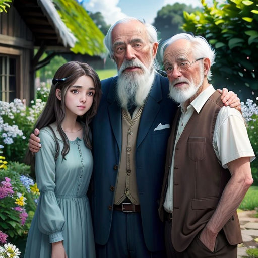 a painting of an older man and a young girl standing next to each other in front of a garden