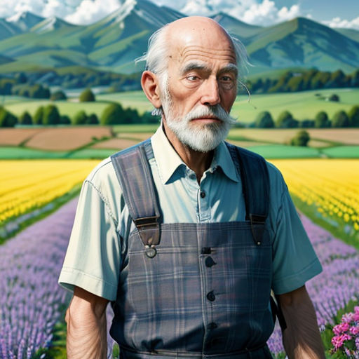 a man standing in a field of flowers with a mountain in the background with clouds in the sky above