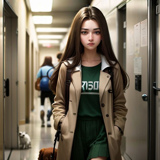 a woman in a trench coat and green shorts is walking a dog down a hallway with a dog on a leash
