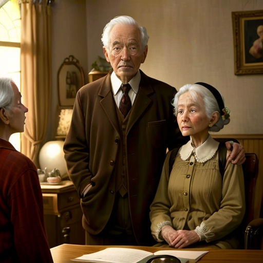a man and woman standing next to each other in front of a desk with a clock on it and a man in a suit