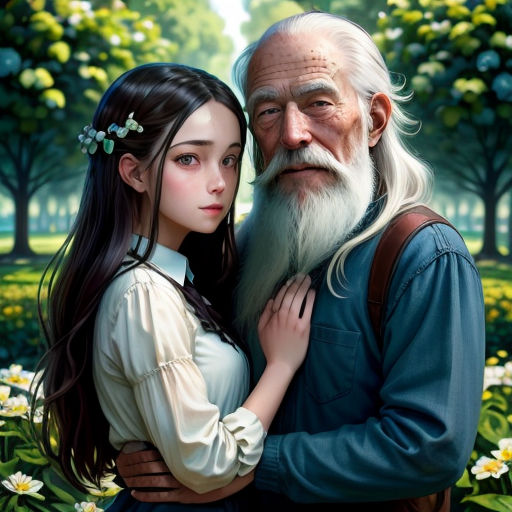 a painting of an old man and a young girl in a park with flowers and trees in the background