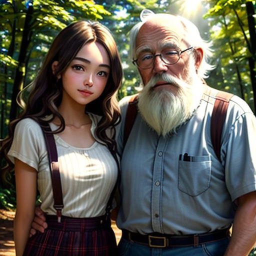 a man and a woman standing next to each other in the woods with trees in the background and sunlight shining through the trees
