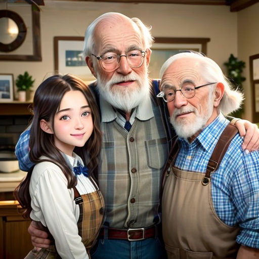 a man and two women standing next to each other in a kitchen with a man in a plaid shirt